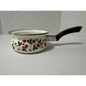 Vintage Sheffield Strawberries ' n Cream Enamelware Sauce Soup Pan Pot Small EUC